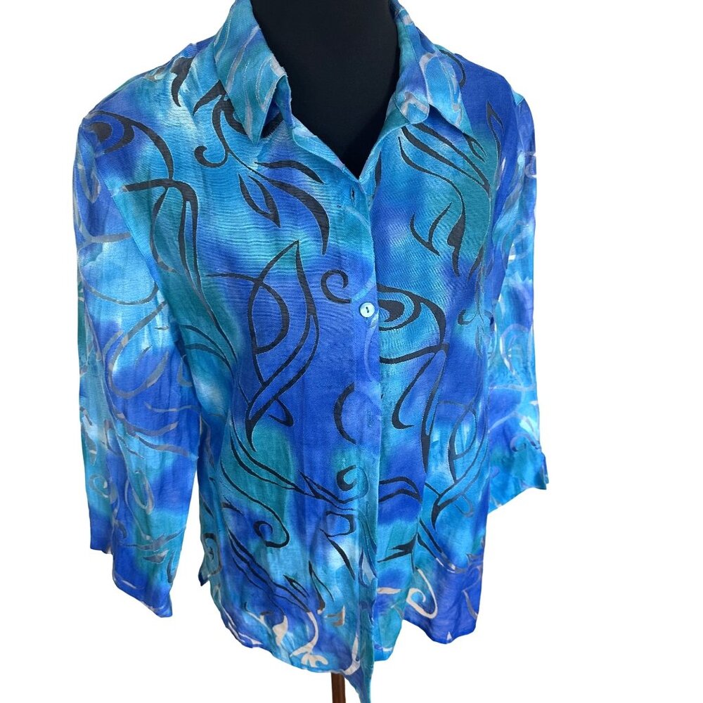 Womens Sheer Button Up Blouse Blue Green Swirl Design 3/4 Sleeves Bonworth